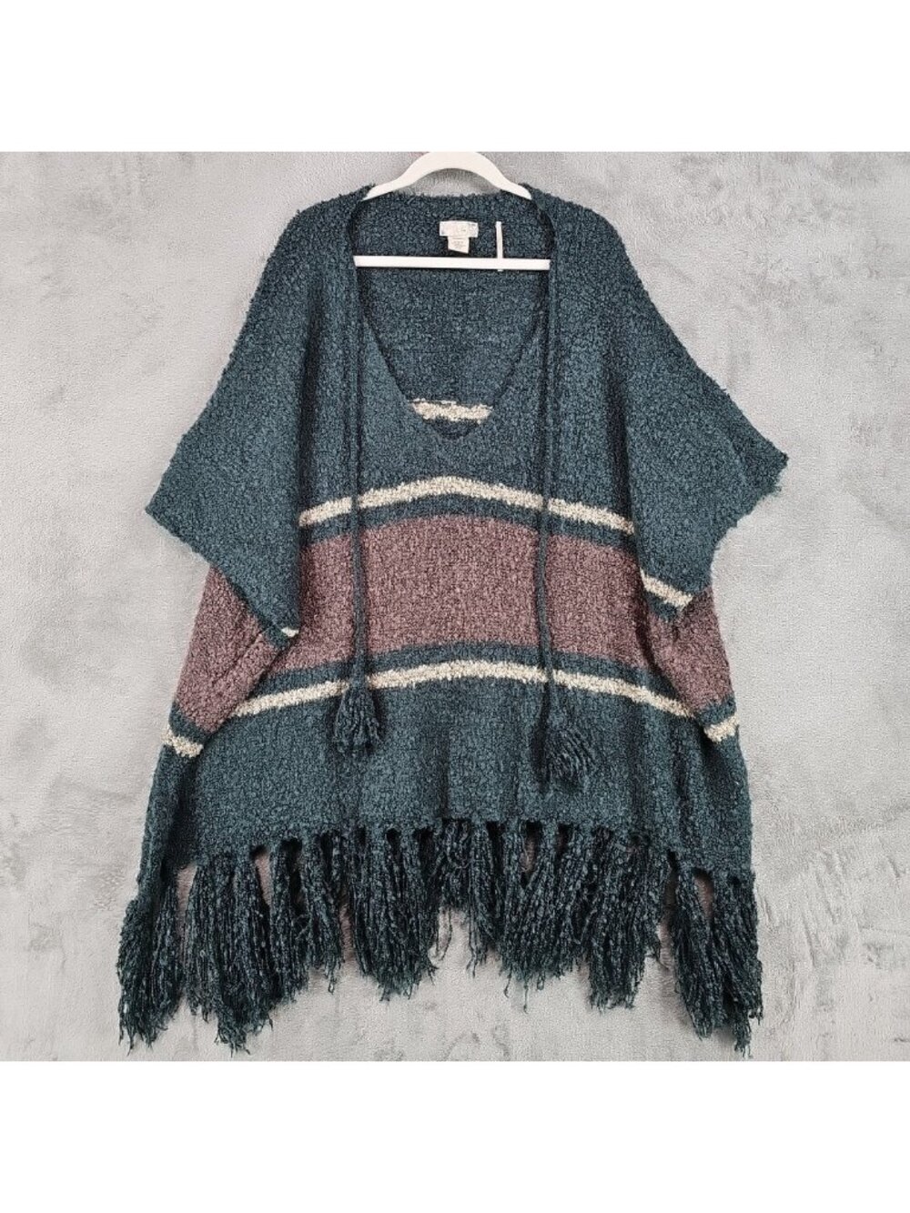 Free People Sweater Cape Womens One Size Blue Stripe Fringe Boho Knit Poncho